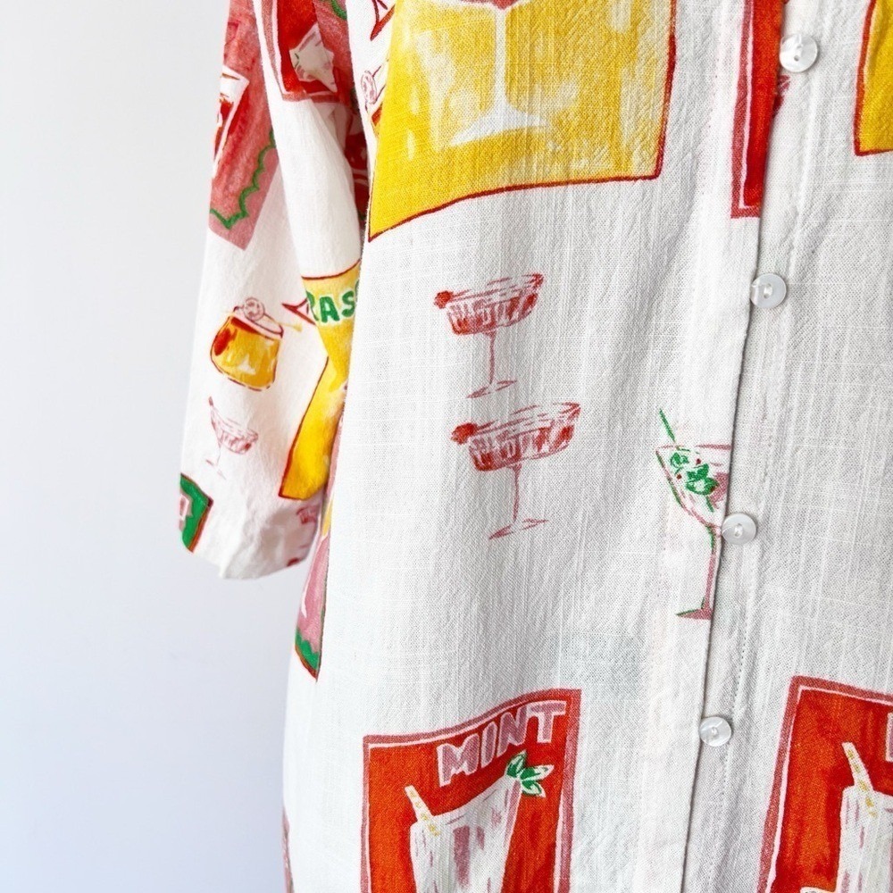 Label of Love Cocktail Print‎ Shirt White Linen Blend Oversized Graphic S - Picture 3 of 10